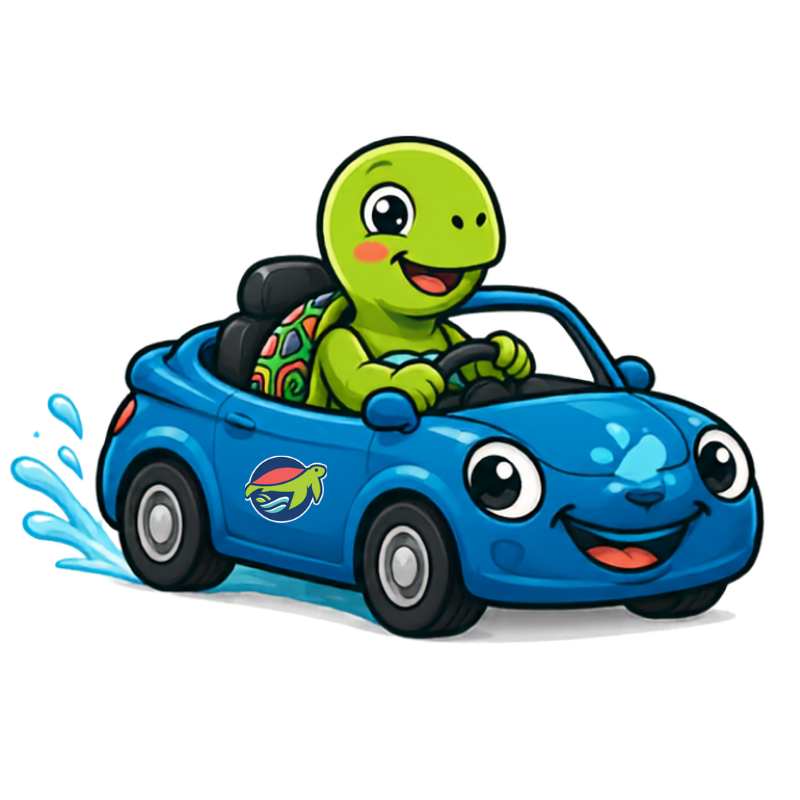 Chip the turtle driving a car